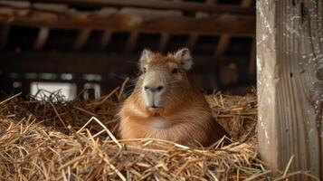 ai generiert Capybara Sitzung im Stapel von Heu foto