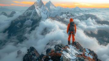 ai generiert Person Stehen auf Berg Gipfel foto