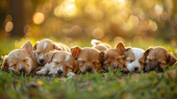 ai generiert ein Gruppe von Welpen Schlafen im das Gras foto