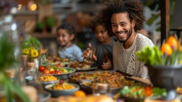 ai generiert Gruppe von Menschen Sitzung um ein Tabelle voll von Essen foto