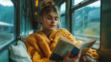 ai generiert Frau Sitzung auf Bus lesen ein Buch foto