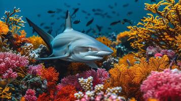 ai generiert Hai Schwimmen durch bunt Koralle Riff foto