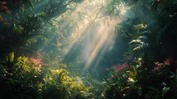 ai generiert Sonnenlicht leuchtenden durch Bäume im das Urwald foto