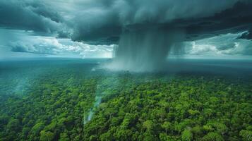 ai generiert Riese Wolke schweben über üppig Grün Wald foto