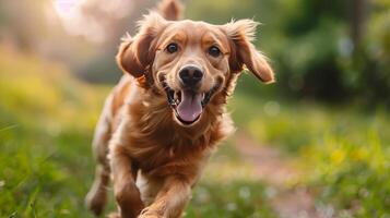 ai generiert braun und Weiß Hund Laufen auf Schmutz Straße foto