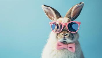 ai generiert süß Hase tragen Rosa Brille und Bogen Krawatte auf Blau Hintergrund. foto