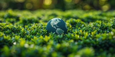 ai generiert Globus auf Grün Gras Darstellen Umwelt Bewusstsein und Nachhaltigkeit. Öko freundlich Welt, Erde Tag Konzept. foto