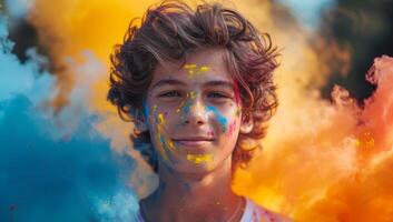 ai generiert Porträt von ein glücklich jung Mann bedeckt im bunt Pulver feiern holi Festival. foto