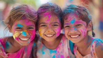 ai generiert Porträt von ein Gruppe von glücklich indisch Kinder mit holi Farbe auf Gesicht foto