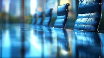 ai generiert Blau Leder Sessel im ein modern Büro Empfangshalle mit reflektierend Boden. Konzept von korporativ Innere Design, warten Bereich, und Geschäft Treffen Raum. foto
