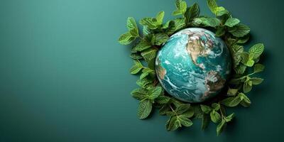 ai generiert Erde Globus umgeben durch frisch Grün Blätter, Umwelt Erhaltung Konzept. Planet Erde eingebettet im üppig Laub, symbolisieren Öko freundlich Nachhaltigkeit und Natur Schutz. foto