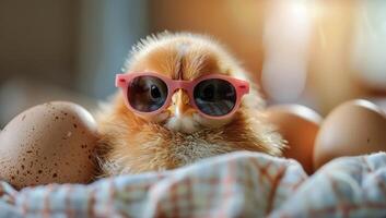 ai generiert ein Baby Hähnchen tragen Sonnenbrille ist Sitzung im ein Korb von Eier. foto