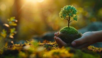 ai generiert Mensch Hand Wiegen ein Miniatur Baum wachsend auf ein Moos bedeckt Kugel, symbolisieren Umwelt Pflege und Wiederaufforstung. Konzept von Natur Erhaltung, Erde Tag, und nachhaltig Leben. foto