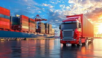 ai generiert LKW mit Container Ladung Fracht Schiff im Hafen beim Sonnenuntergang zum logistisch importieren Export Hintergrund foto