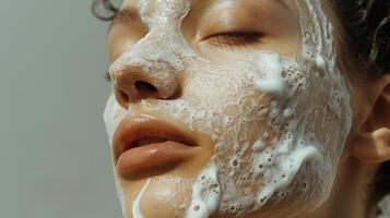 ai generiert Weiß Gesichts- Maske gefüllt mit Schaum auf das Haut foto