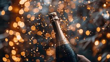 ai generiert Feier Hintergrund mit Champagner Flasche und golden Bokeh. foto