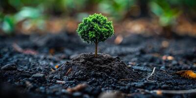 ai generiert Sämling wachsend im ein Stapel von Boden, Darstellen Neu Leben und Wachstum. das Konzept von Pflanzen Bäume zu speichern das Planet und schützen das Umfeld. foto