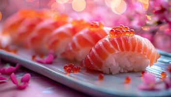 ai generiert Sushi einstellen auf ein Weiß Teller mit Rosa Blumen und Bokeh Hintergrund foto