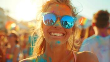 ai generiert Porträt von glücklich jung Frau beim holi Farbe Festival auf Strand foto