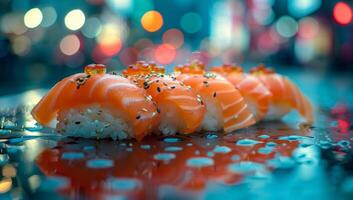 ai generiert Sushi Rollen mit Lachs und Kaviar auf ein Restaurant Tisch. foto