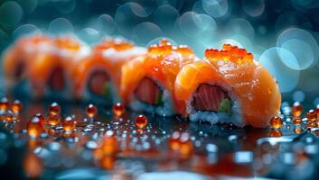 ai generiert Sushi rollen mit Lachs und Kaviar auf ein dunkel Hintergrund. foto