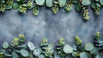ai generiert frisch Eukalyptus Blätter und Geäst mit Knospen auf dunkel Blau Hintergrund. Blumen- eben legen mit Kopieren Raum. foto