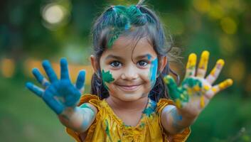 ai generiert Porträt von ein glücklich wenig Mädchen bedeckt im bunt Pulver Farbe während holi Festival foto