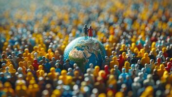 ai generiert vielfältig Miniatur Menschen umgeben ein detailliert Globus foto