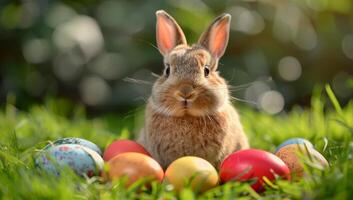 ai generiert ein süß braun Hase sitzt im ein üppig Grün Feld, umgeben durch bunt Ostern Eier. foto