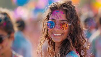 ai generiert jung Frau beim das holi Farbe Festival foto