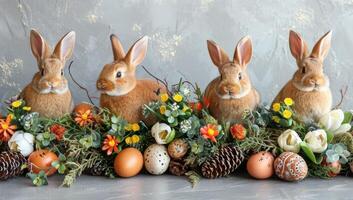ai generiert vier Ostern Hasen mit Eier und Blumen auf ein grau Hintergrund foto