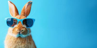 ai generiert süß komisch Hase tragen Sonnenbrille auf Farbe Hintergrund. Raum zum Text foto