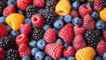 ai generiert Nahansicht von gemischt Beeren. oben Sicht. Konzept von gesund Essen. foto