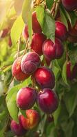 ai generiert gesund Garten Kopfgeld rot Pflaume auf Baum im Herbst Obstgarten Vertikale Handy, Mobiltelefon Hintergrund foto