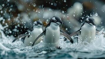 ai generiert Gruppe von Pinguine planschen im Wasser foto