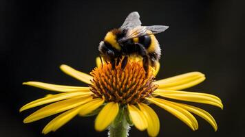 ai generiert Hummel oben auf Gelb Blume gegen dunkel Hintergrund, Frühling Konzept foto