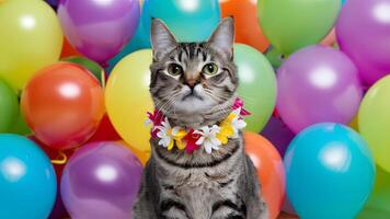 ai generiert Katze mit hawaiisch Blume Halskette beim bunt Ballon Party foto