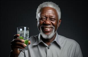 ai generiert Senior Mann Nachdenken mit Wasser foto