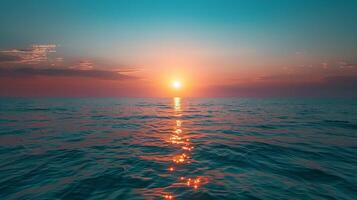ai generiert Sonnenuntergang auf das Horizont, mit das Sonne Gießen ein warm glühen Über das Himmel und das Meer foto