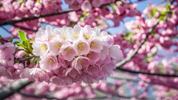 ai generiert schön Kirsche Blüte, Rosa Sakura Blume im atemberaubend Thailand foto