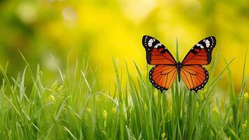 ai generiert frisch Schmetterling und Gelb Grün Gras bilden Ostern Frühling Hintergrund foto