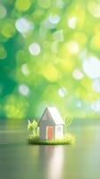 ai generiert winzig Zuhause Charme Modell- Haus gegen Grün Bokeh Hintergrund Vertikale Handy, Mobiltelefon Hintergrund foto