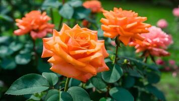 ai generiert Orange Rosen im Garten Hintergrund, perfekt zum Gartenarbeit Konzept foto