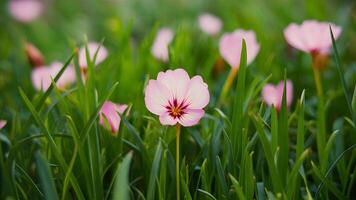 ai generiert abstrakt Natur Hintergrund Vitrinen schließen oben von Gras und Blume foto