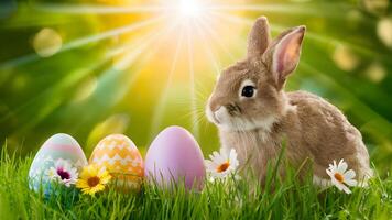 ai generiert Schuss sonnig Ostern Hintergrund mit Hase, Eier, und Frühling Blumen foto