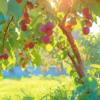 ai generiert organisch Freude rot Pflaume wachsend im ein szenisch Obstgarten zum Sozial Medien Post Größe foto