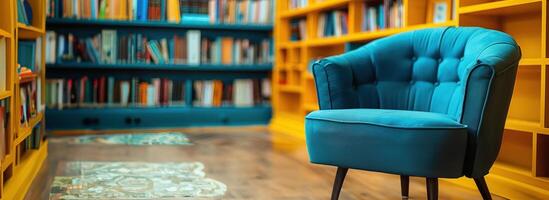 ai generiert ein Blau Stuhl Sitzung durch ein Buch foto
