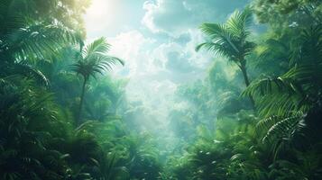 ai generiert tropisch Regenwald, mit hoch aufragend Bäume und dicht Grün, Bereitstellung ein üppig foto