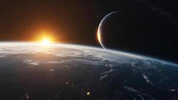ai generiert Planet Erde mit ein Sonnenaufgang und das Mond im Raum foto