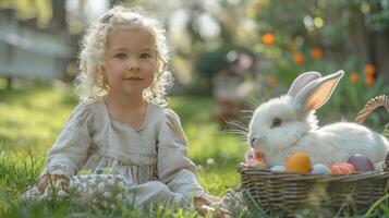 ai generiert Ostern Freude mit lockiges Haar Mädchen und Hase foto